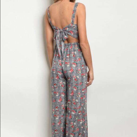 Floral Plaid Jumpsuit Tie Back - Picture 3 of 9